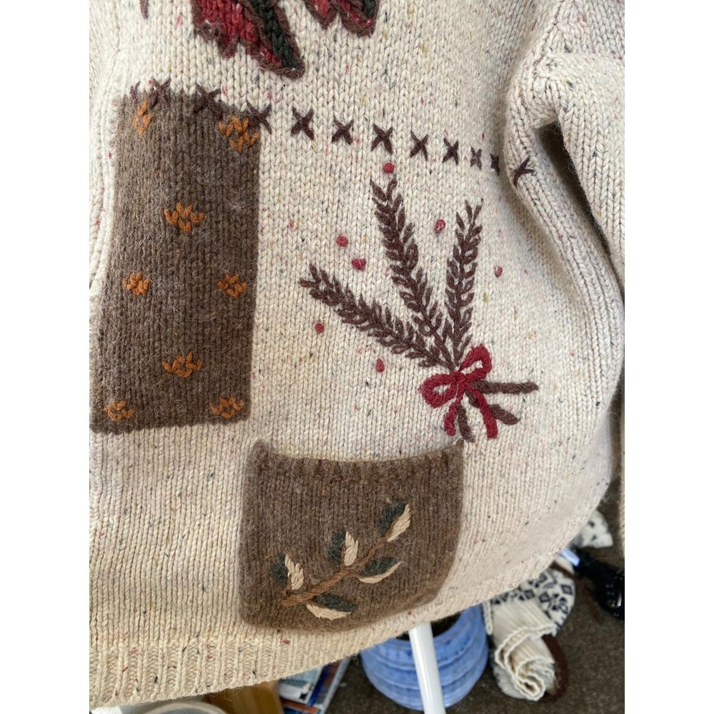 Vintage 1990s Patchwork Embroidered Cream Cardigan Sweater Large Granola Coastal - Picture 8 of 8